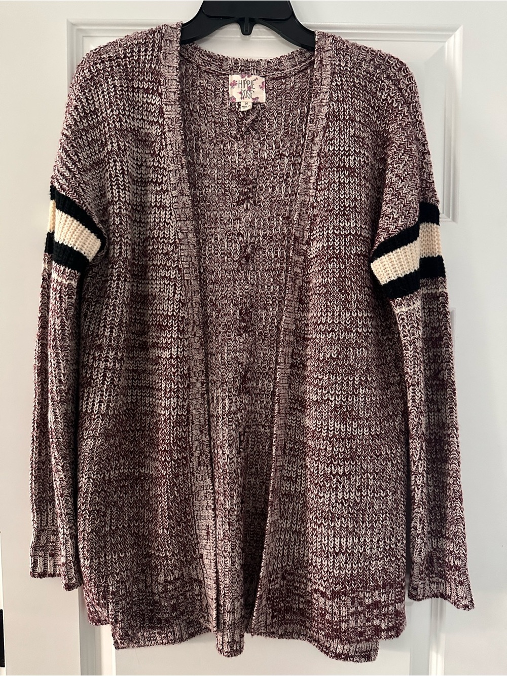 Hippie Rose Marled Maroon and White Open-Front Cardigan